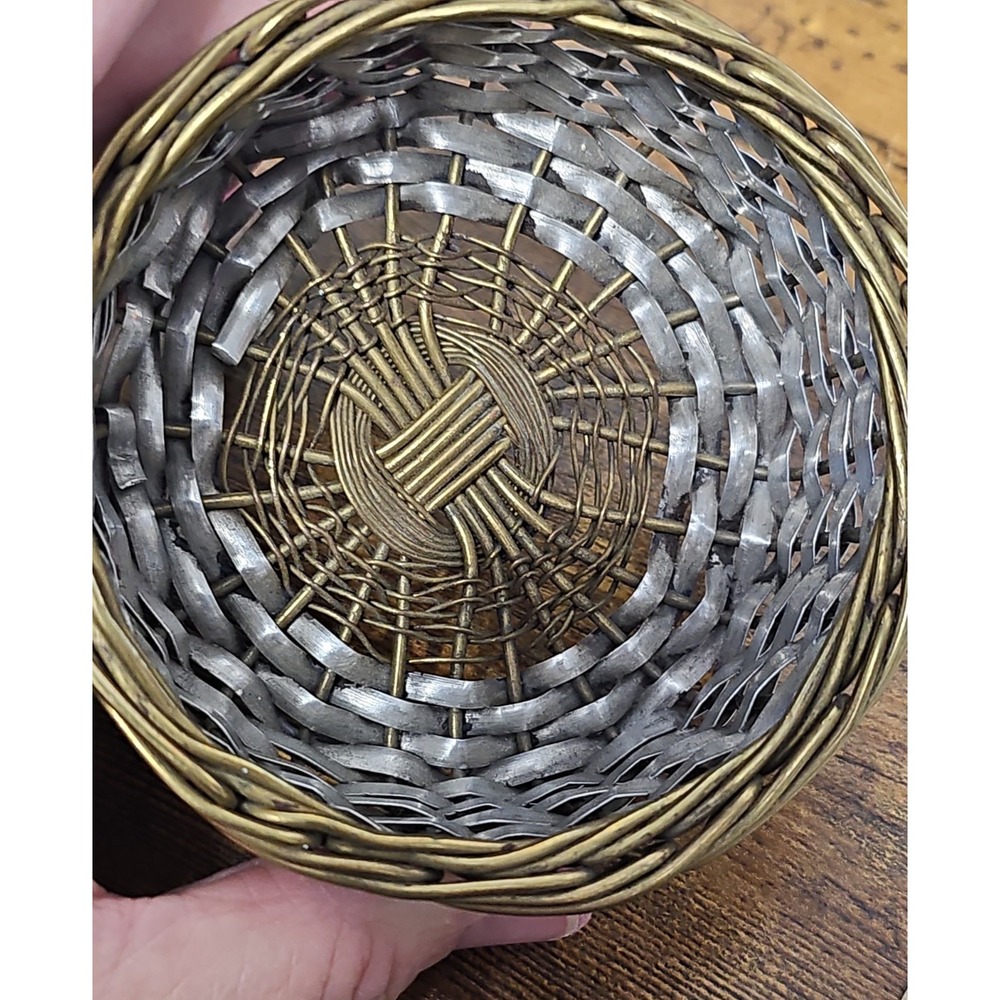 Vintage Woven Metal Basket Silver & Gold Tone Round Boho Decor